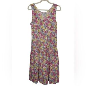 Vintage Floral Sleeveless Dress Drop Waist Buttons on Front size M